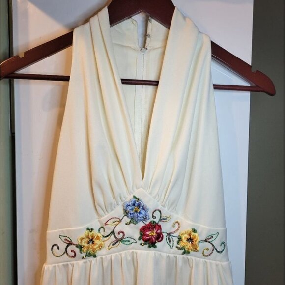 Vintage handmade deep plunging v neck halter  floral embroidered dress white XS - Picture 3 of 8